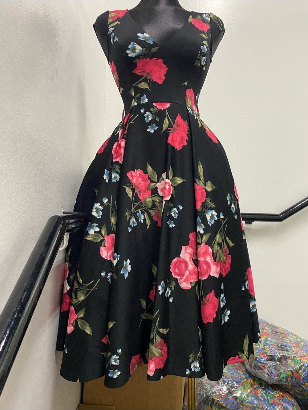 Black Floral Fit-and-Flare Dress with Pink Roses